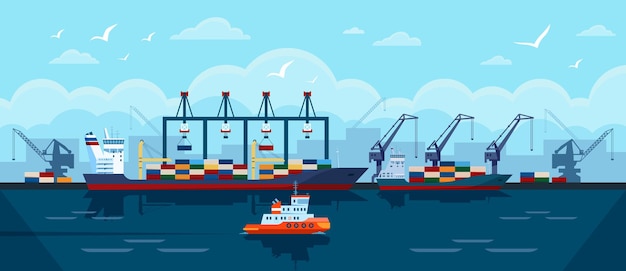 cargo ship seaport industrial freight vessel shipping containers docked port vector concept_461812 368